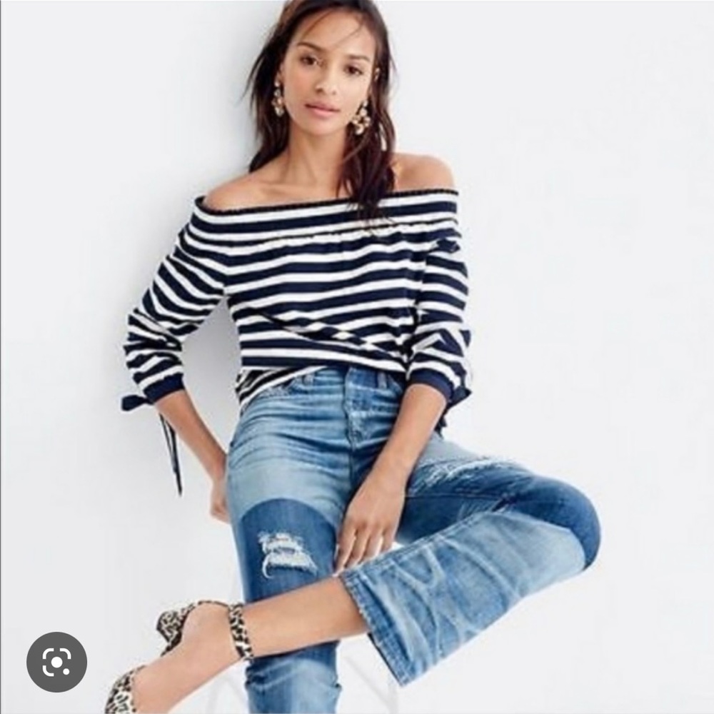 NEW J. Crew Off the Shoulder Striped Shirt Navy White *327